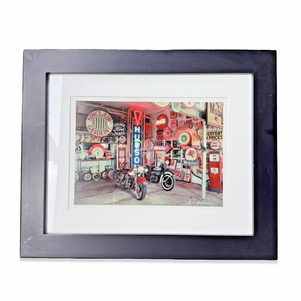 Vintage 1950s Automobilia Garage Framed Photo Print Signed Ed Gener Neon Gas Art